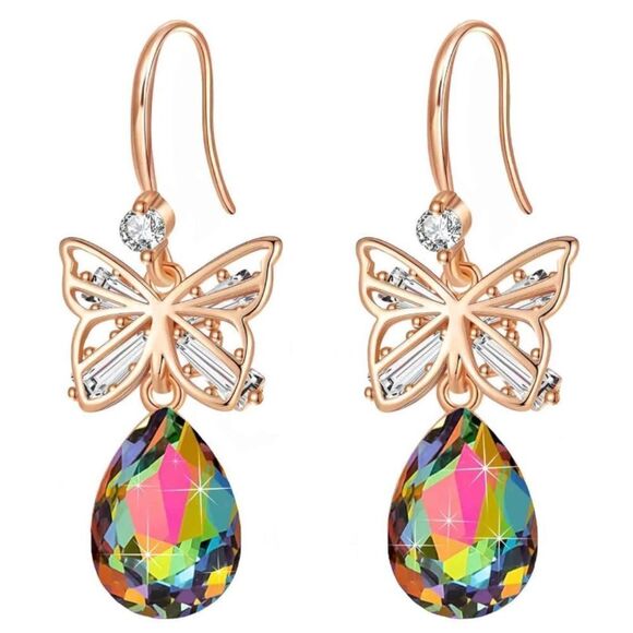 14K Rose Gold with Vitrail Medium Austrian Crystal Butterfly Teardrop Earrings